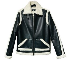 boohoo Black Faux Leather Aviator Jacket with White Teddy Trim  Size 2